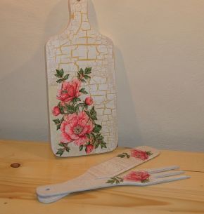 decoupage deska do krojenia sztucce rózowe roze